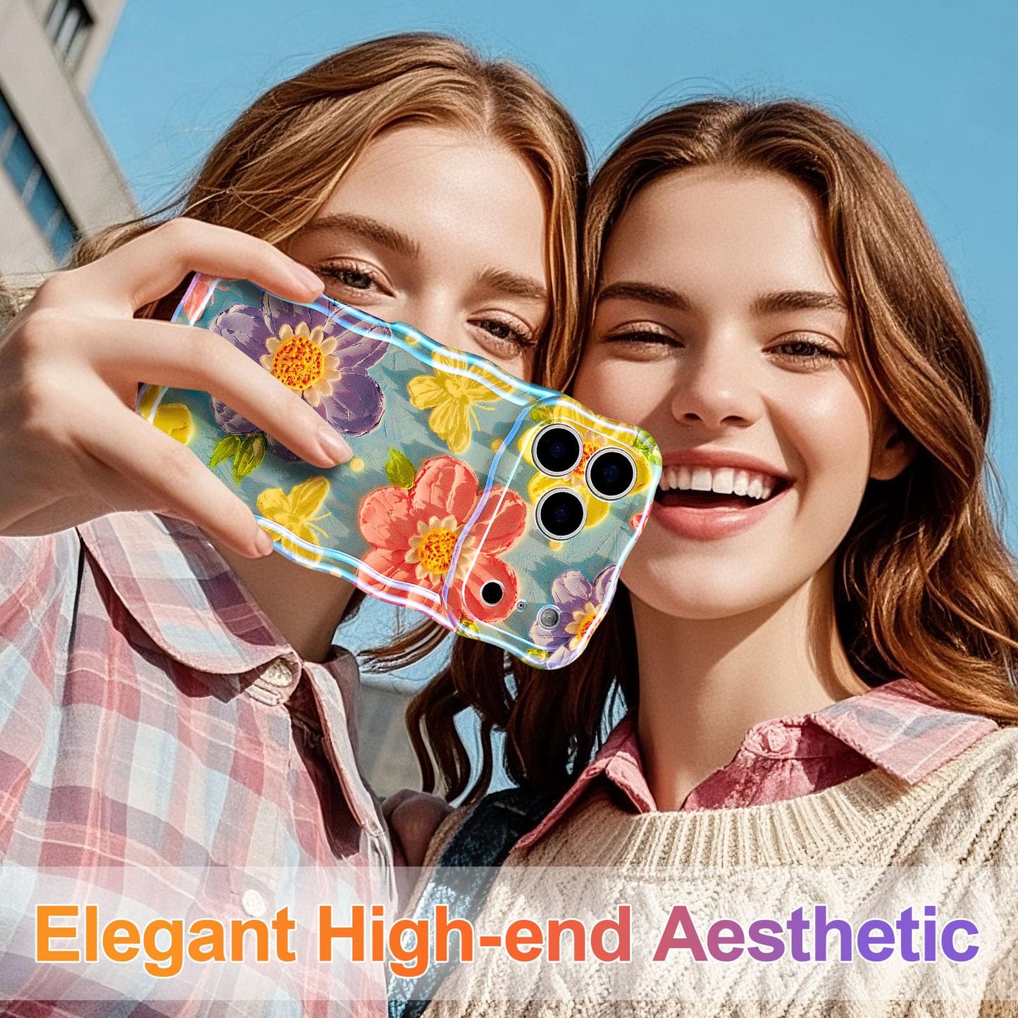 EYZUTAK Case for iPhone 17 Pro, Colorful Retro Oil Painting Flower Laser Glossy Pattern Cute Curly Wave Edge Exquisite Phone Cover Stylish Durable TPU Protective Case for Women - Butterfly Flower
