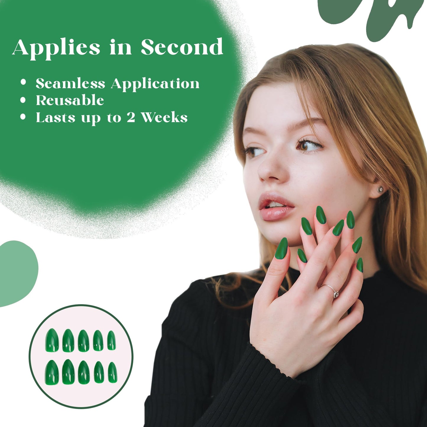 Glossy Green Press On Nails – Almond Shape, Medium Length, 24 PCS Fake Nails with Nail File & Glue Tabs, Reusable ABS Material