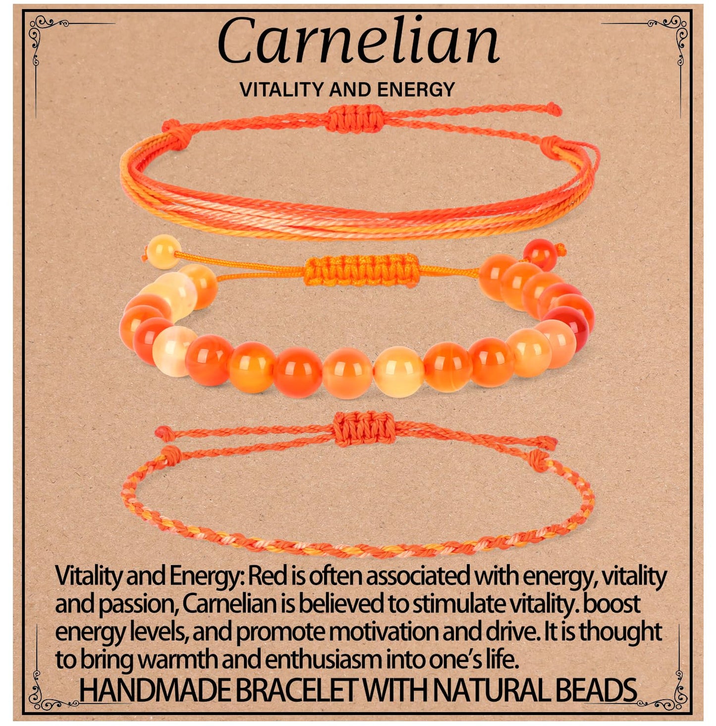 QOGIR Handmade Healing Bracelets,8mm Natural Orange Carnelian Gem Stone Beads Bracelet for Men Women Gifts with 2PCS Size Adjustable Rope Bracelets
