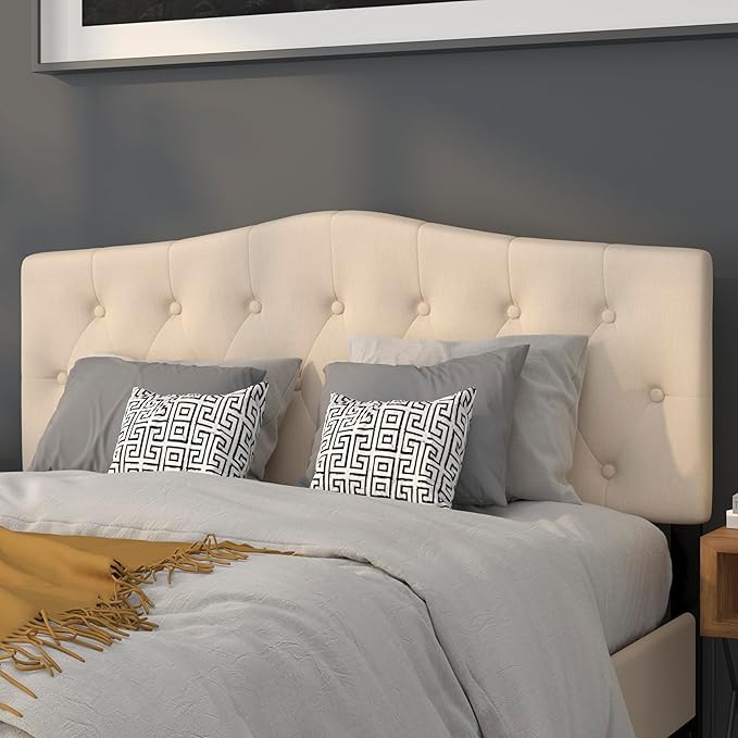 EMMA + OLIVER Tufted Upholstered Queen Size Headboard in Beige Fabric