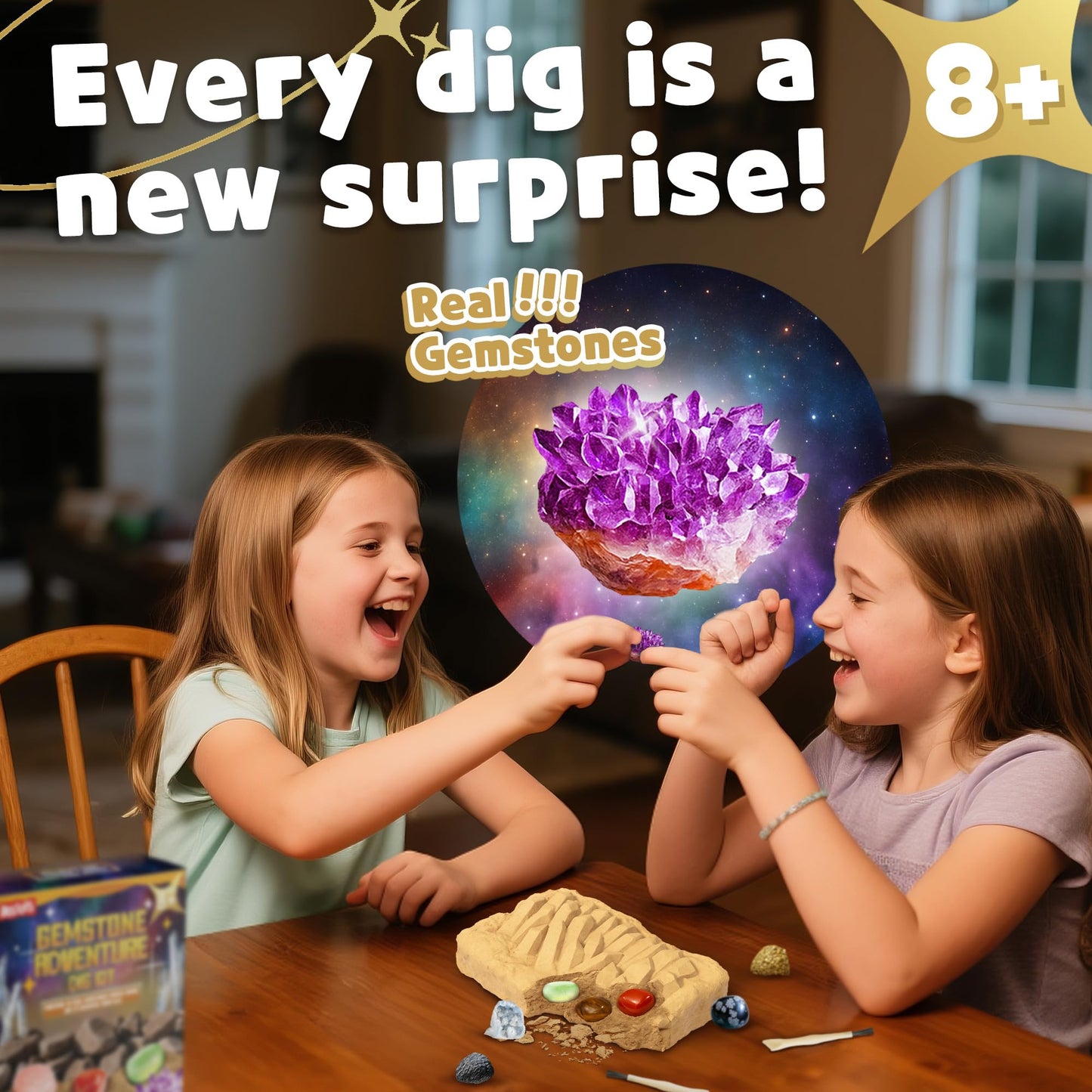 Beetots Gemstone Dig Kit for Kids with 2 Tools, Excavate 10 Real Gems, STEM Science Mining Toy, Educational Gift for Boys and Girls Ages 8-12