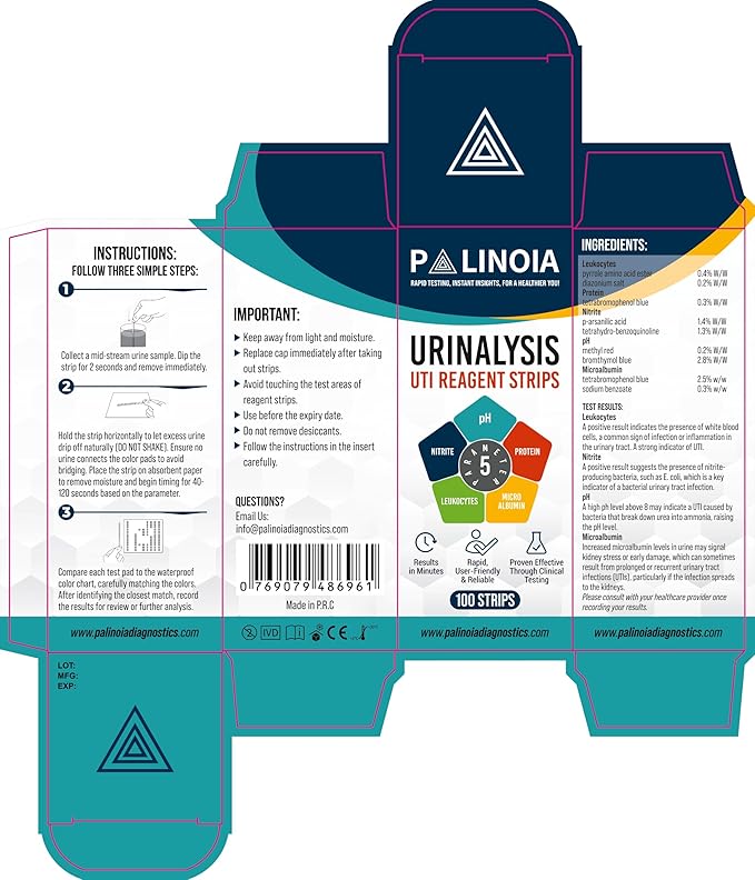 URS 5-in-1 Urine Test Strips 5 Parameters Testing UTI, Urinalysis for Ketosis, pH, Protein, 100 CT