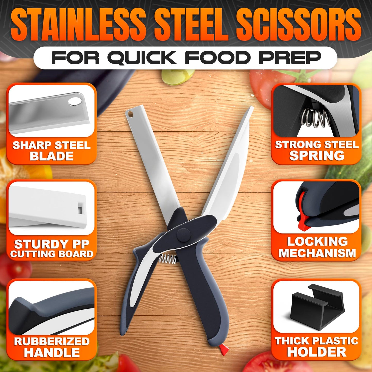 2 in 1 Cutting Board Scissors for Food - 9.6" Detachable Cheese Scissors with Cutting Board and Stainless Steel Blade - Easy-to-Use Veggie Cutter with Safety Lock, Suitable for Fruits and Vegetables