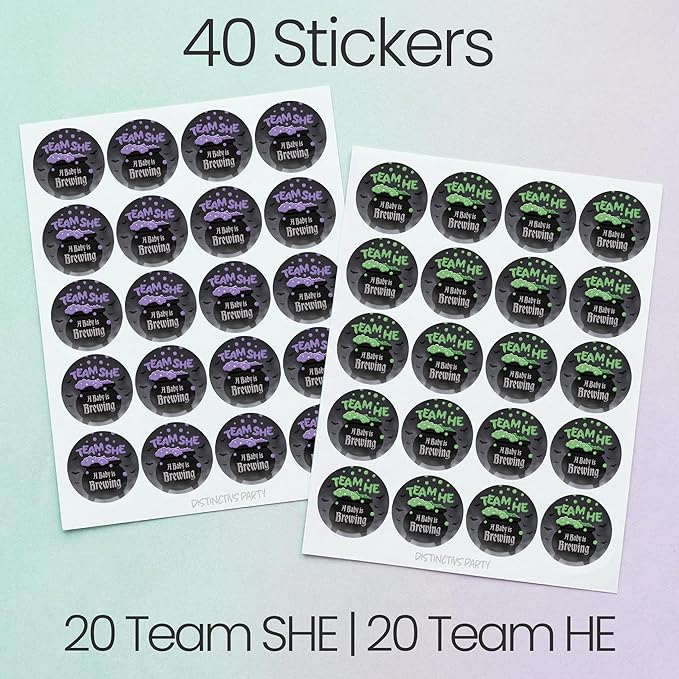 Baby is Brewing Halloween Gender Reveal Stickers 40ct – Bubbling Witch Cauldron Team He or Team She in Purple & Green
