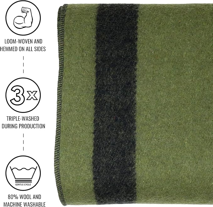 Arcturus Military Wool Blanket - Warm, Thick, Washable - Great for Outdoors, Camping, Stadium Blanket, Picnics, Travel - Car & Bushcraft Survival Kits, Large 64in x 88in 4.5 lb