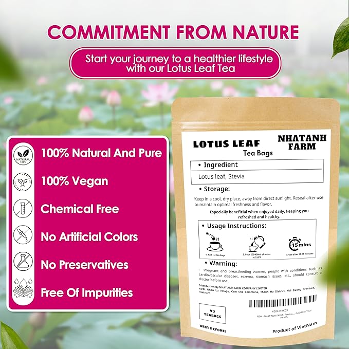 NHAT ANH FARM - Premium Lotus Leaf Tea Bags, 40 Teabags, 100% Natural, Hand-Selected Lotus Leaf Tea Bags, No Additives, Sugar-Free,Caffeine-Free. Good For Your Health.