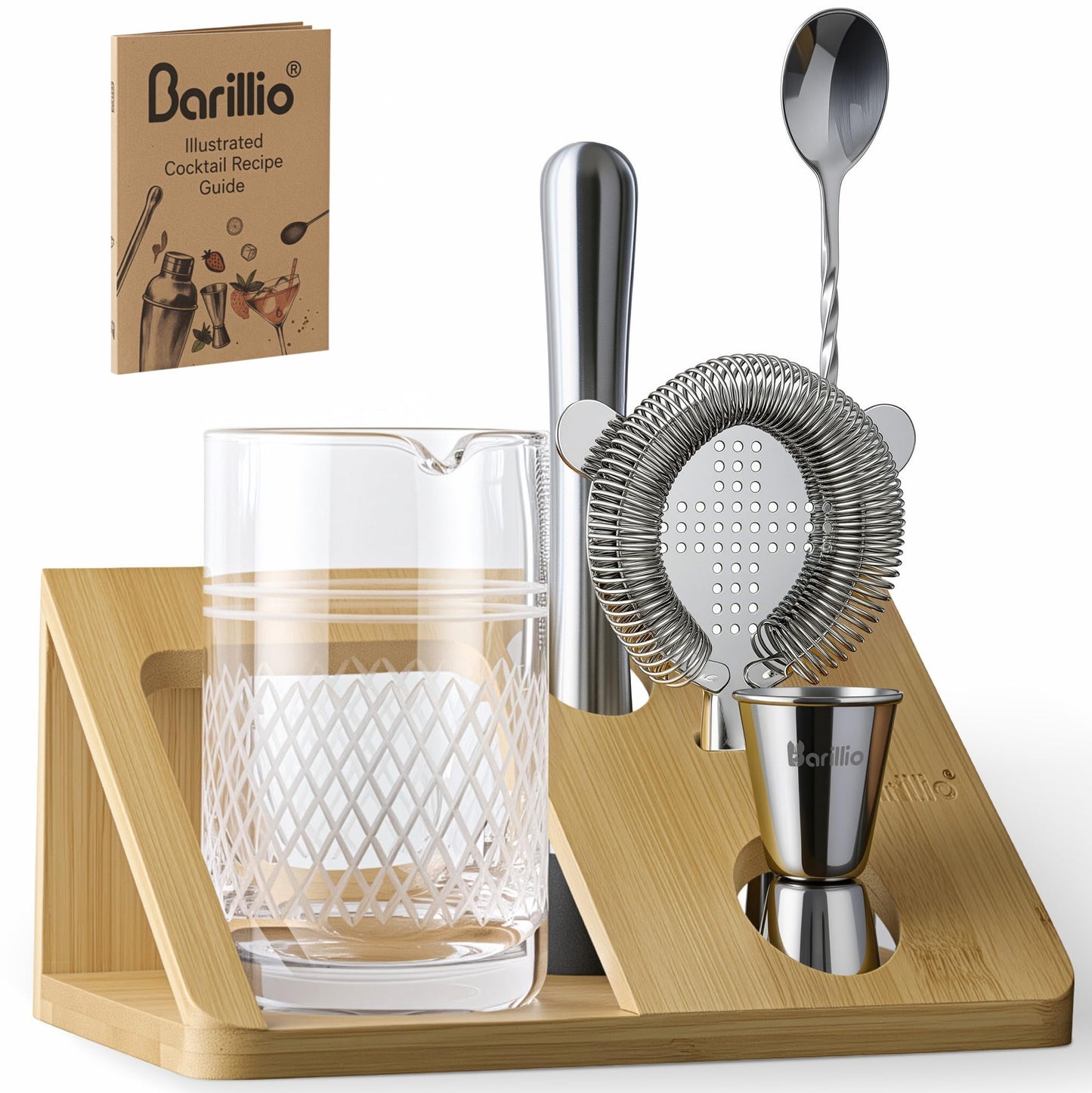 Barillio 20 Oz Crystal Cocktail Mixing Glass with Bamboo Stand & Bar Tools | Seamless Lead-Free Crystal, Weighted Base Stirring Pitcher | Including Muddler, Mixing Spoon, Jigger and Strainer