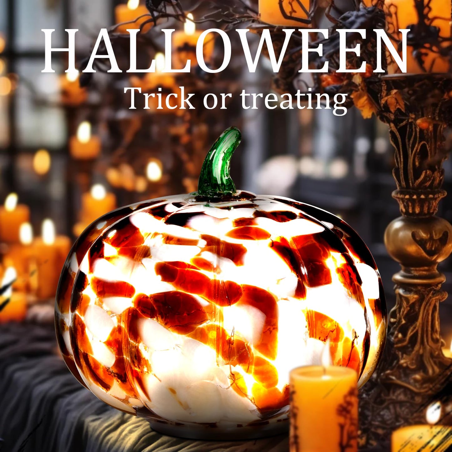 Naboher Handcrafted Glass Pumpkin with Warm LED Lights - Halloween & Thanksgiving Decor, Gift-Worthy Fall Home Decoration, 5.9-Inch Light-Up Tabletop Centerpiece (Green Leaf Coffee and Purple)