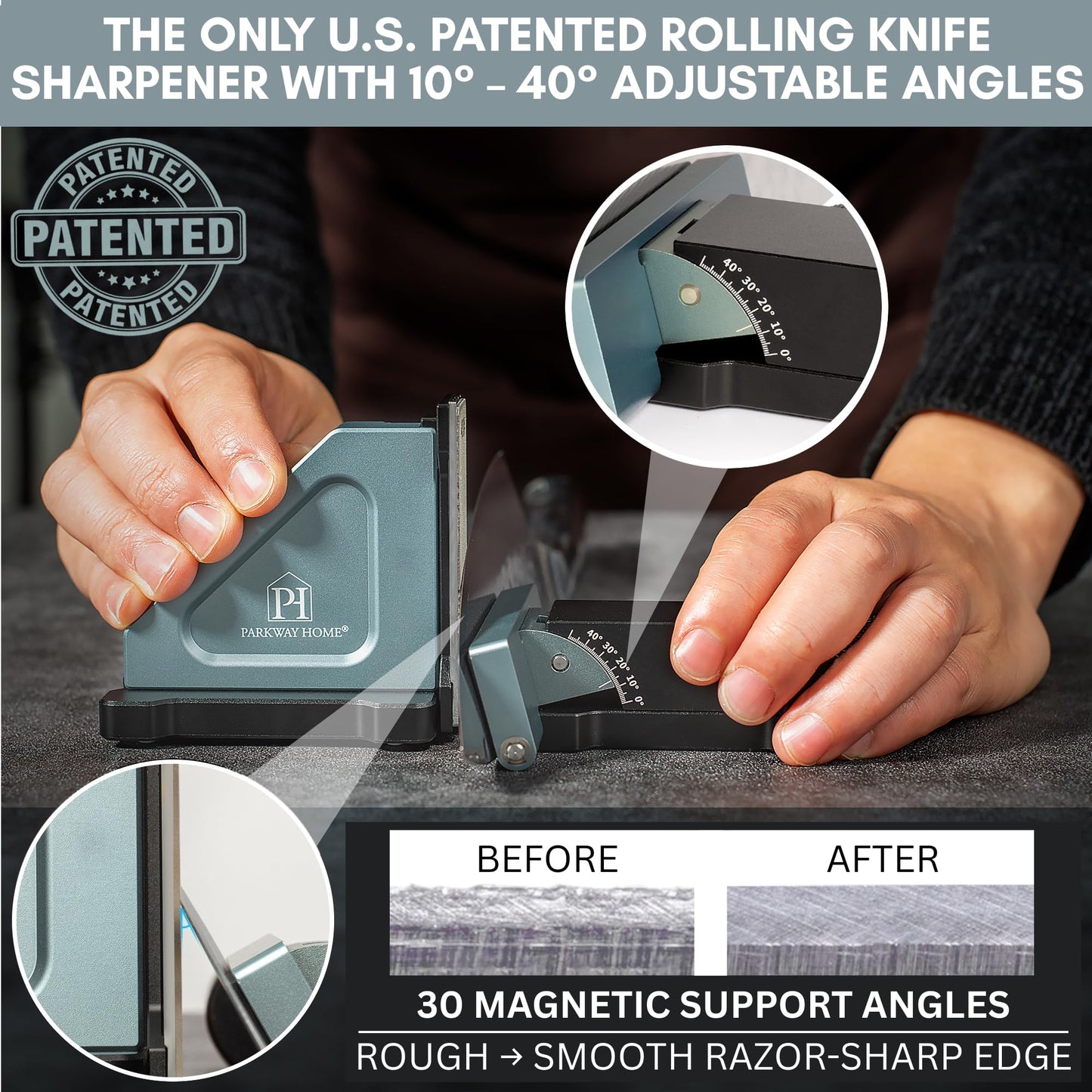 PATENTED ORIGINAL ADJUSTABLE ROLLING KNIFE SHARPENER KIT: Adjustable Height, 10° to 40° for 30 Angle Options, Removeable Diamond Plates with Travel Case - Kitchen Knife Sharpener