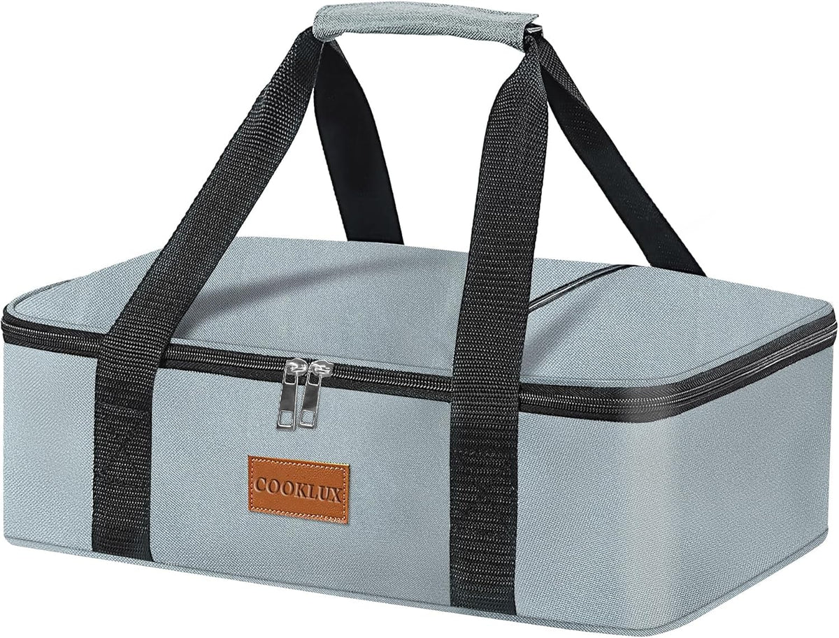 Insulated Casserole Carrier - Single Layer Design, Food Warmer Bag for Hot&Cold Food Travel, Fits 9x13 Casserole Dish, Leak-Proof, Durable Nylon, Zip Pockets, Grey