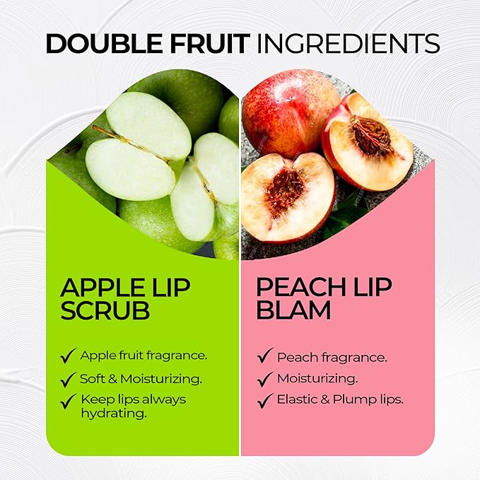 Lip Care Kit – 2-in-1 Lip Scrub and Lip Balm Set – Apple Lip Exfoliator and Peach Lip Balm Hydrating – Complete Set for Gentle Exfoliation and Moisturizing