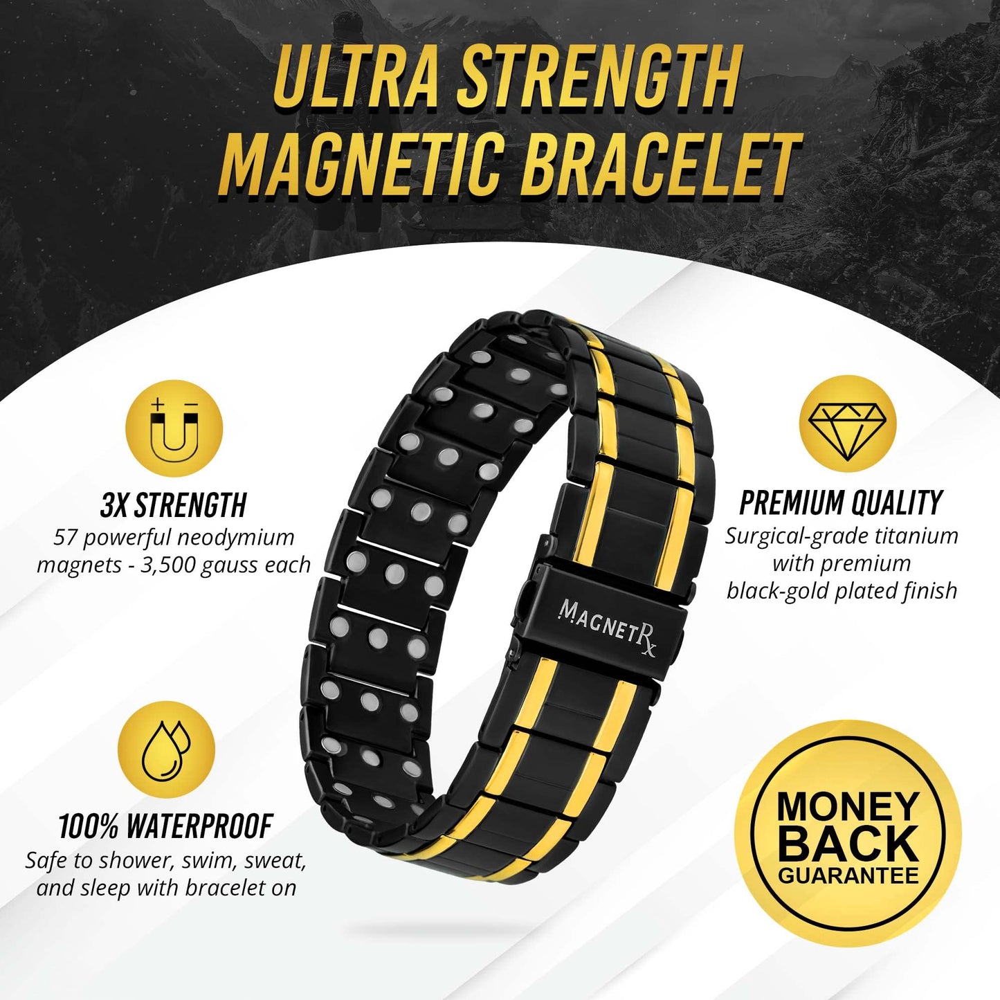 MagnetRX 3x Strength Magnetic Bracelets for Men – Titanium & Pure Copper Magnetic Bracelets for Men – Premium Fold–over Clasp & Adjustable Length with Sizing Tool