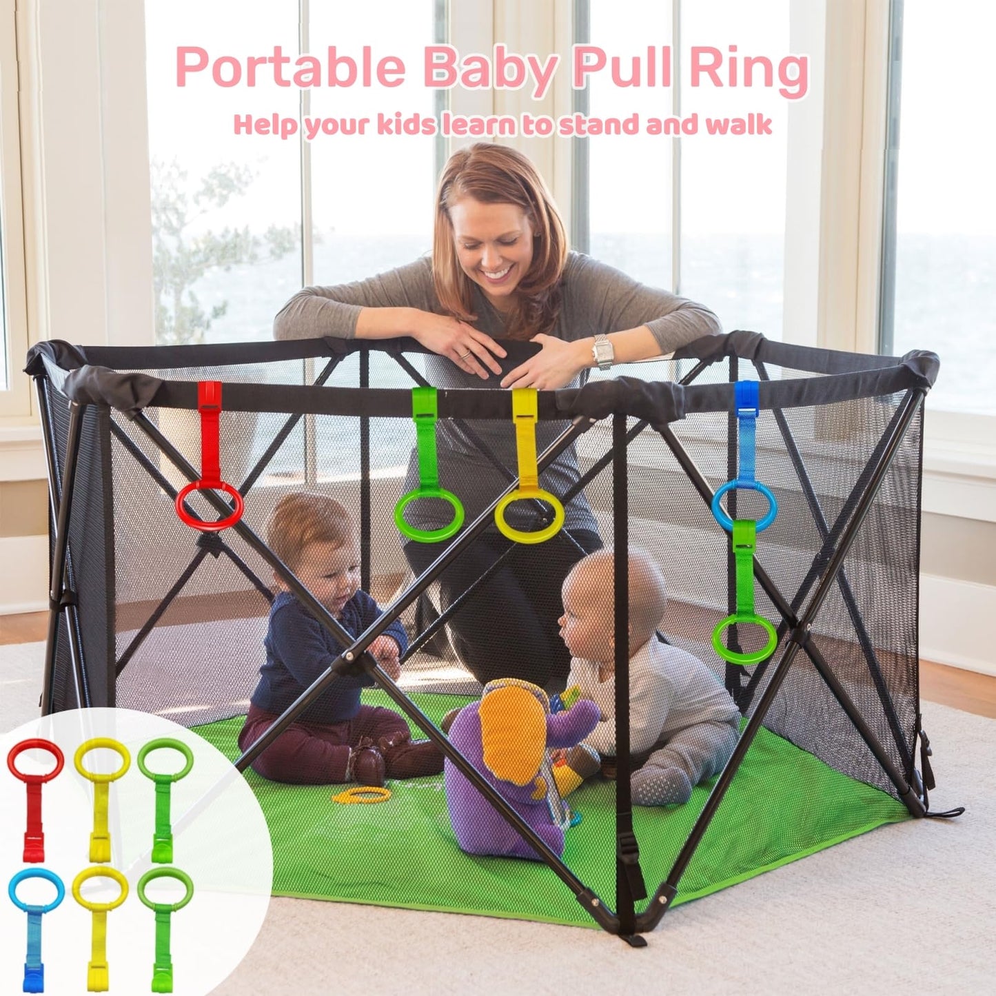 6PCS 4 Colors Baby Playpen Pull up Rings-Plastic Crib Pull Rings Walking Exercises Assistant Stand Up Cot Hanging Ring for Infant Baby Toddler