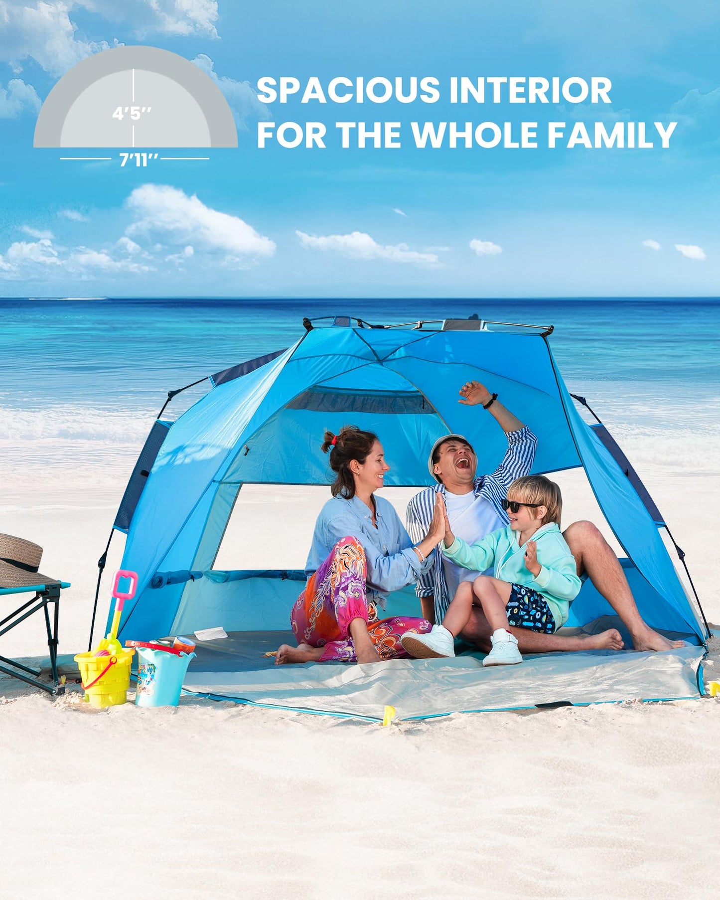 OutdoorMaster Pop Up Beach Tent for 4 Person - Easy Setup and Portable Beach Shade Sun Shelter Canopy with UPF 50+ UV Protection Removable Skylight Family Size - Blue