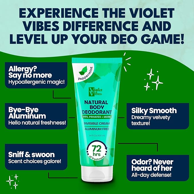 Violet Vibes Deodorant Cream for Women | Hypoallergenic & Gentle On Skin | Noni Leaf Extract, Aluminum-Free, Sensitive Skin, Fresh Odor Control for Whole Body 100mL (3.4 fl oz.) (Peppermint)