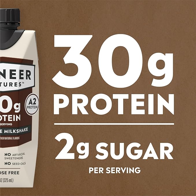 Pioneer Pastures - High Protein A2 Milkshakes - Chocolate - A2 Nutritional Milk, 30g Protein, 2g Sugar, No Artificial Sweeteners, No Seed Oils - All-Natural, Breakfast Shake, Meal Replacement, Workout - 11oz, 12 Pack