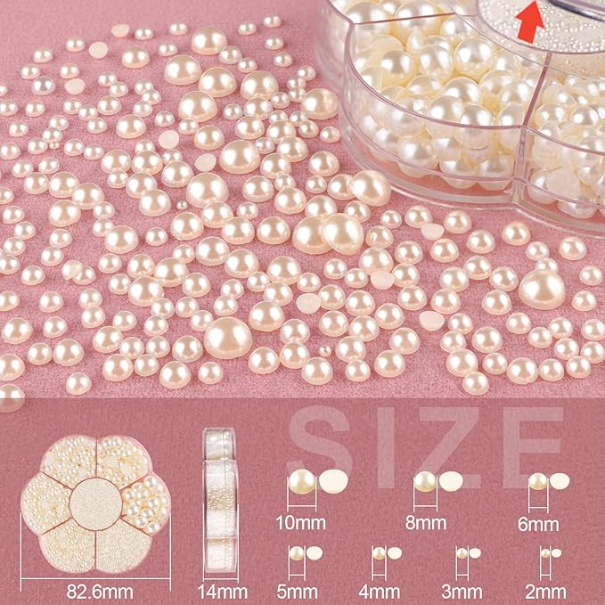 Nail Art Flat Back Half Round Pearl Kits 8, 1 Box of 2400 Pcs Flat-Back Beige Pearl with Tweezer and Picker Pencil for Home DIY Nails Body Face Craft and Salon Use