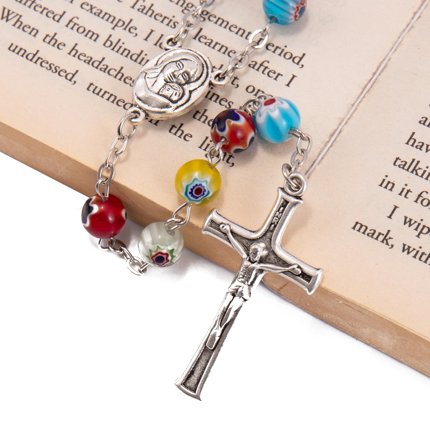 Nazareth Store Murano Glass Rosary Necklace Handmade Multicolor Millefiori Beads Rosario Holy Soil Medal and Cross Crucifix