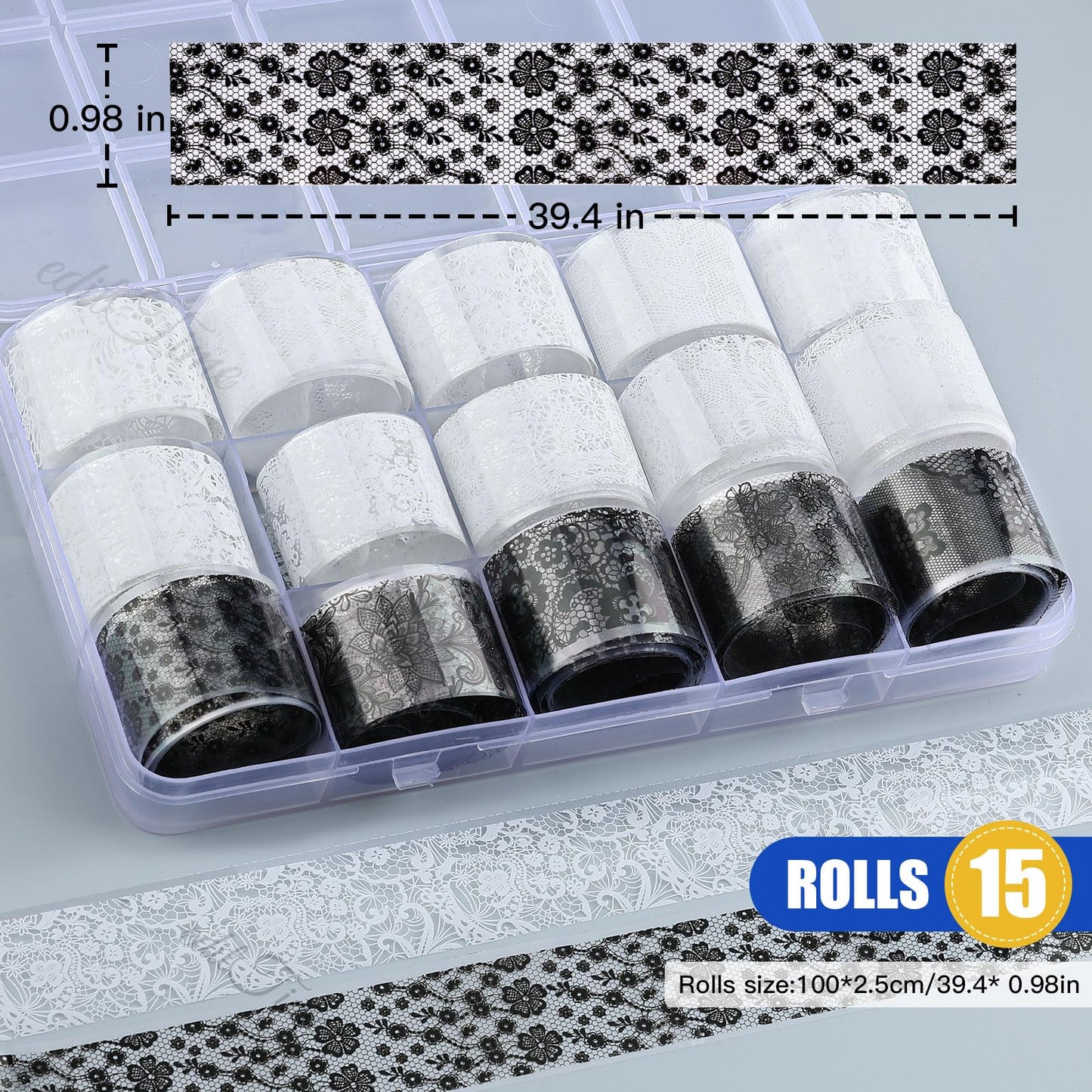 Lace Nail Foil Transfer Sheets, 15 Rolls Black White Flower Nail Art Transfer Foils Decals, Flower Nail Art Foils Decals Holographic Foils for Nails Manicure DIY Nails Decoration (10White+5Black)