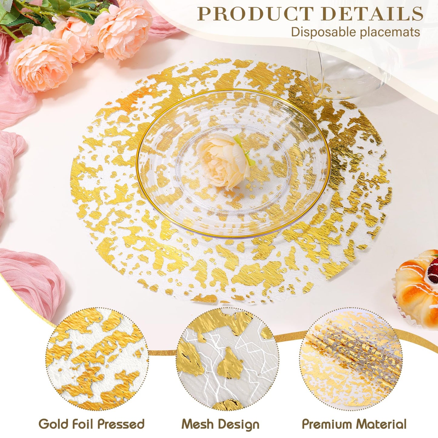 KesaPlan 100 PCS Disposable Gold Placemats Set, 13" Metallic Round Doilies for Tables, Gold Foil Mesh Pressed String Table Mats, Thin Mesh Decorative Doilies for Wedding, Holiday, Party, Christmas