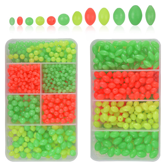 AGOOL Fishing Beads Assorted Set, 1000pcs Glow Beads Fishing Bait Eggs Soft Plastic Oval Round Luminous Beads Fishing Line Beads Fishing Lures Fishing Tackle Tool for Deep Drop Fishing Night Fishing