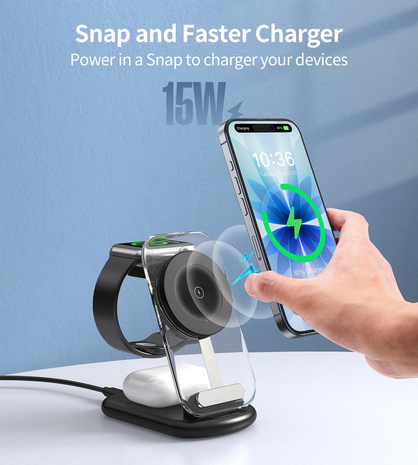 3 in 1 Magnetic Wireless Charging Station for Apple Devices, Fast Foldable Travel Mag-Safe Charger Stand with Night Light for iPhone 17 16 15 14 13 12 Series, Apple Watch/AirPods Pro-Gift for Friends