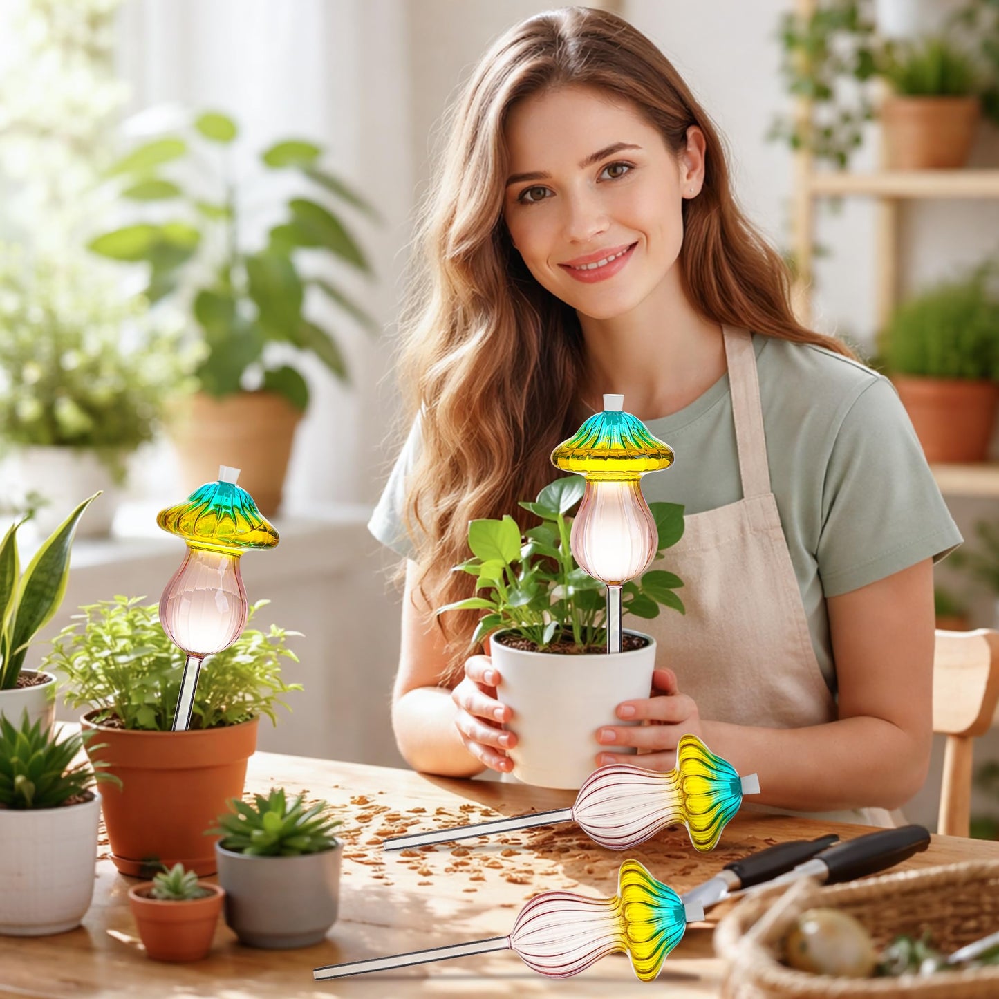 11 oz Large Plant Watering Globes, Glass Self Watering Globes, Gradient Color Mushroom Self Watering Planter Insert, Vacation Plant Watering Devices, Automatic Watering Bulbs (Large-2 Pack)