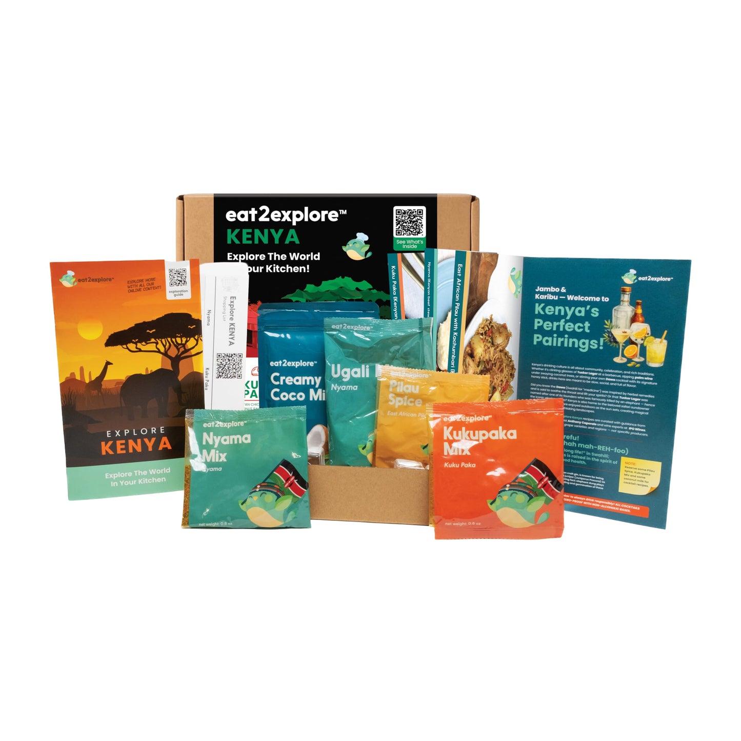 eat2explore Global Cooking Kit - Authentic Recipes, Essential Spices, Cultural Fun & Expert Drink Pairings - Perfect for Date Night and Dinner Parties (KENYA edition)