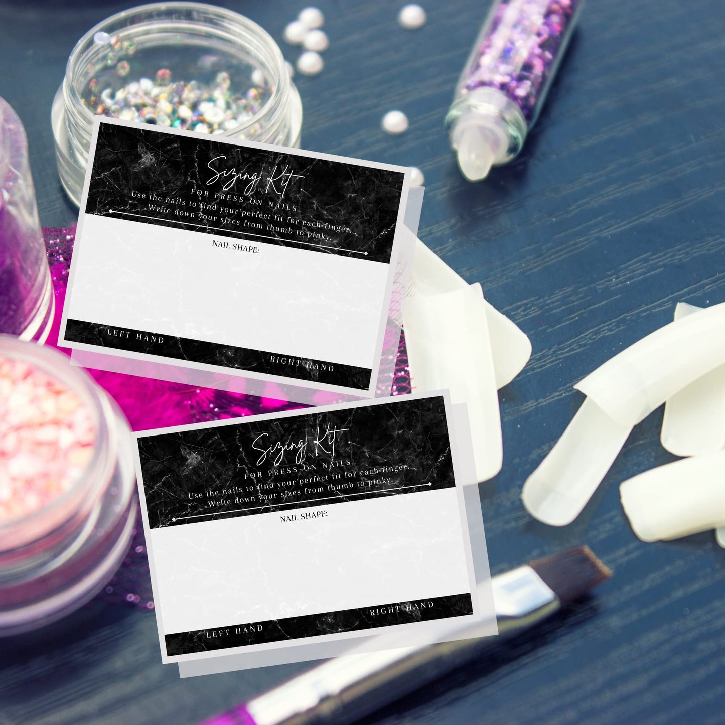Boutique Marketing LLC Press On Nail Sizing Card | Physical Printed 5x7inch inch Large Postcard | Press-On Nail Supplies | Black Marble Design