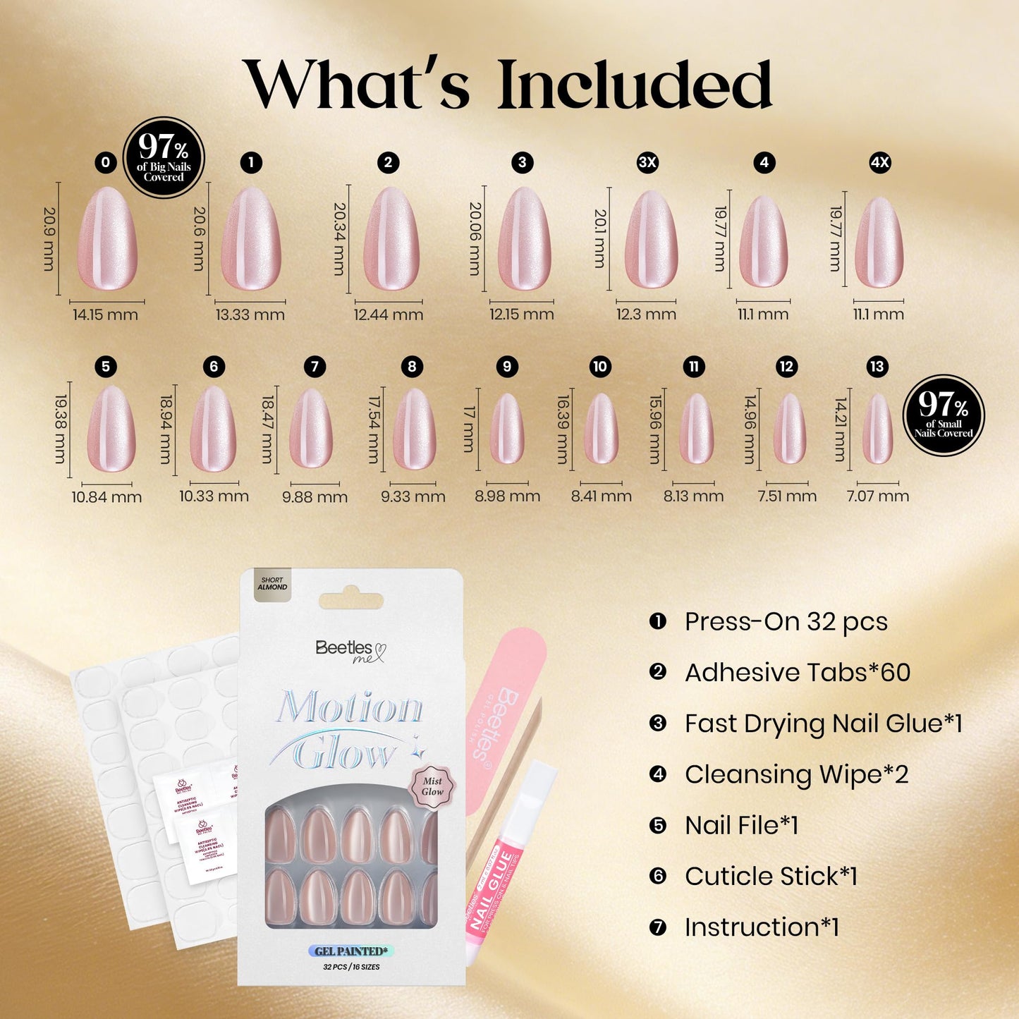 Beetles Motion Glow Cat Eye Press On, Short Almond Press On Nails Kit, 32pcs 16 Sizes, Girls Stick On Nails with Adhesive Tabs & Fast-Dry Nail Glue, Salon-Ready Gift for Women Mist Glow