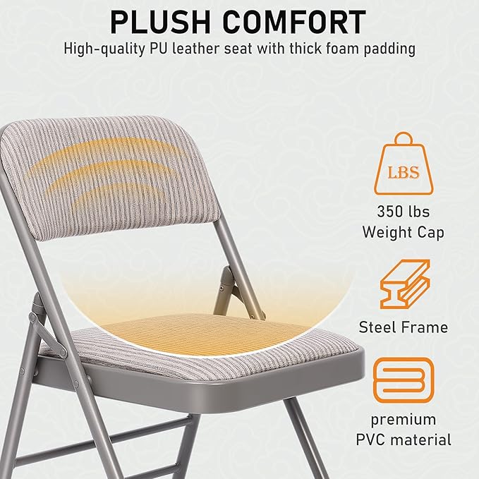 SEALAMB 6 Pack Fabric Folding Chairs with Padded Seats & Cushion, Metal Foldable Chairs for Wedding Party, Commercial Chairs for Office School Church Events, 350lb Capacity (Gray-Fabric, 6 Pack)