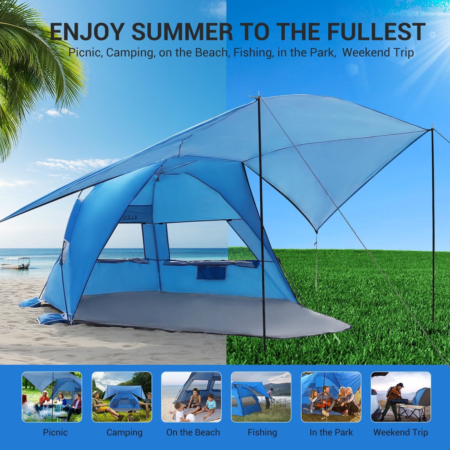 Elegear CumbreX™ Beach Tent with 360° Removable Canopy, 4-6 Person Pop Up Sun Shade Shelter, UPF 50+ Automated Installation Double Silver Coating Portable Lightweight Beach Cabana for Beach/Outdoor
