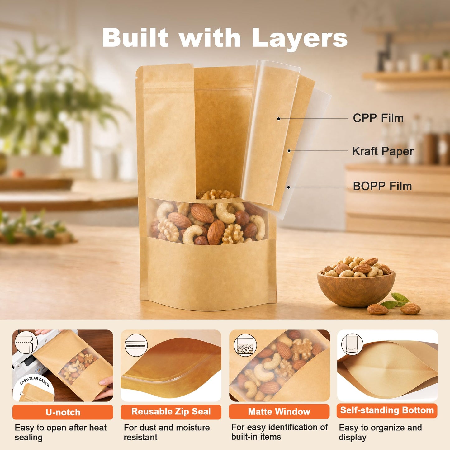 FireKylin 100 Pcs Resealable Bags, Inner Size 6.4" x 7.3" (Outer Size 7.1" x 10.2") Stand Up Paper Bags with Matte Window, Zipper Food Storage Bags for Packaging Products, Reusable, Sealable