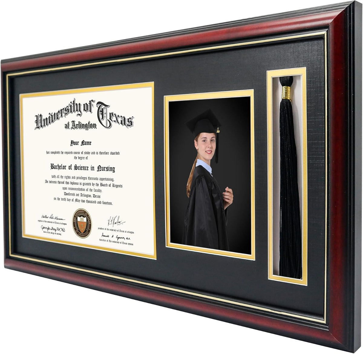 GraduationMall 11x22 Cherry Diploma Frame with Tassel Holder and Picture for 8.5x11 Certificate 5x7 Photo,Tempered Glass,Black over Gold Mat