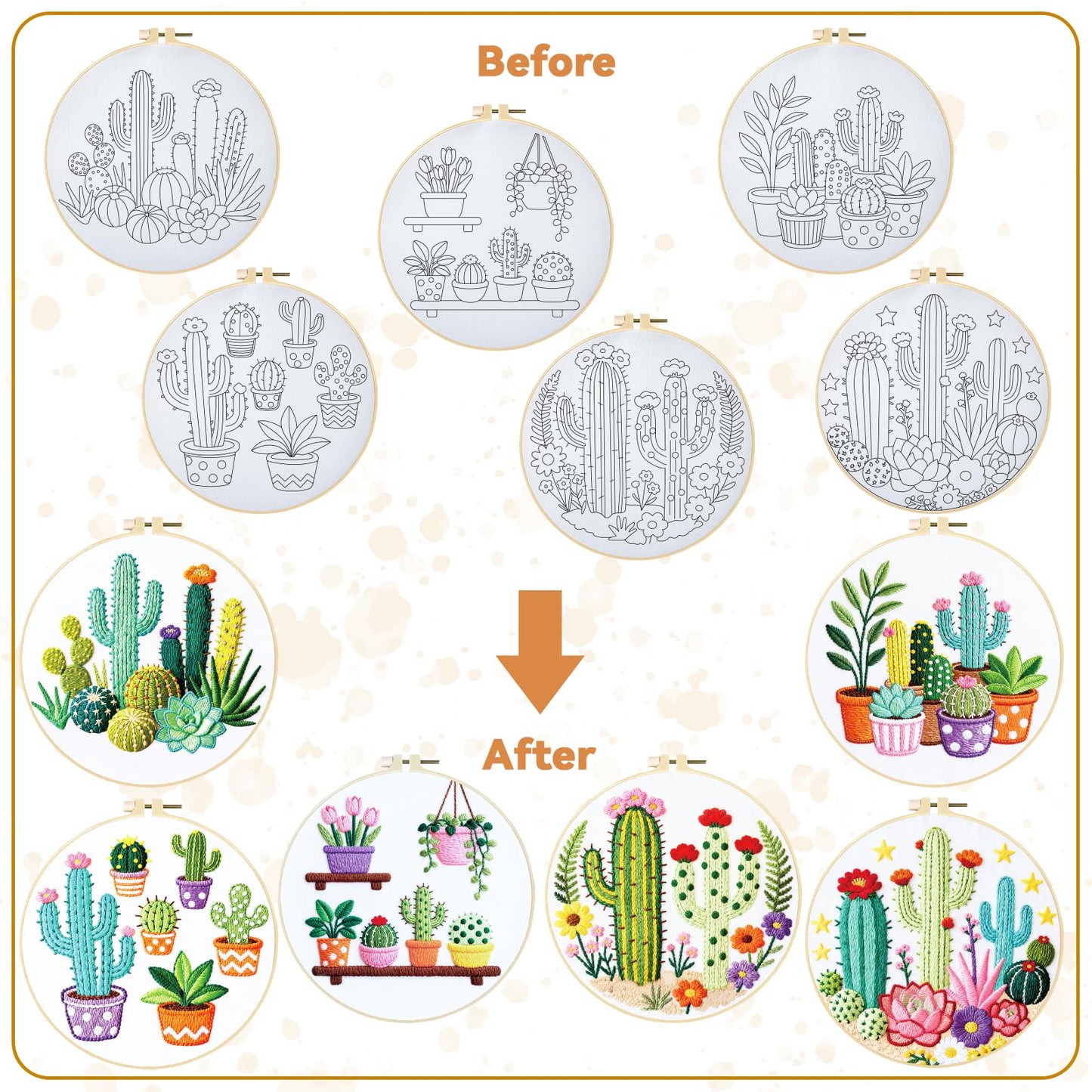 BEUNITONE Cactus Embroidery Kit for Beginners, 6PC Succulent Plant Themed Needlepoint Kits for Adults with Hoops, Threads, Needles, Instructions and Full Kits, DIY Home Decor Craft Gift for Adults