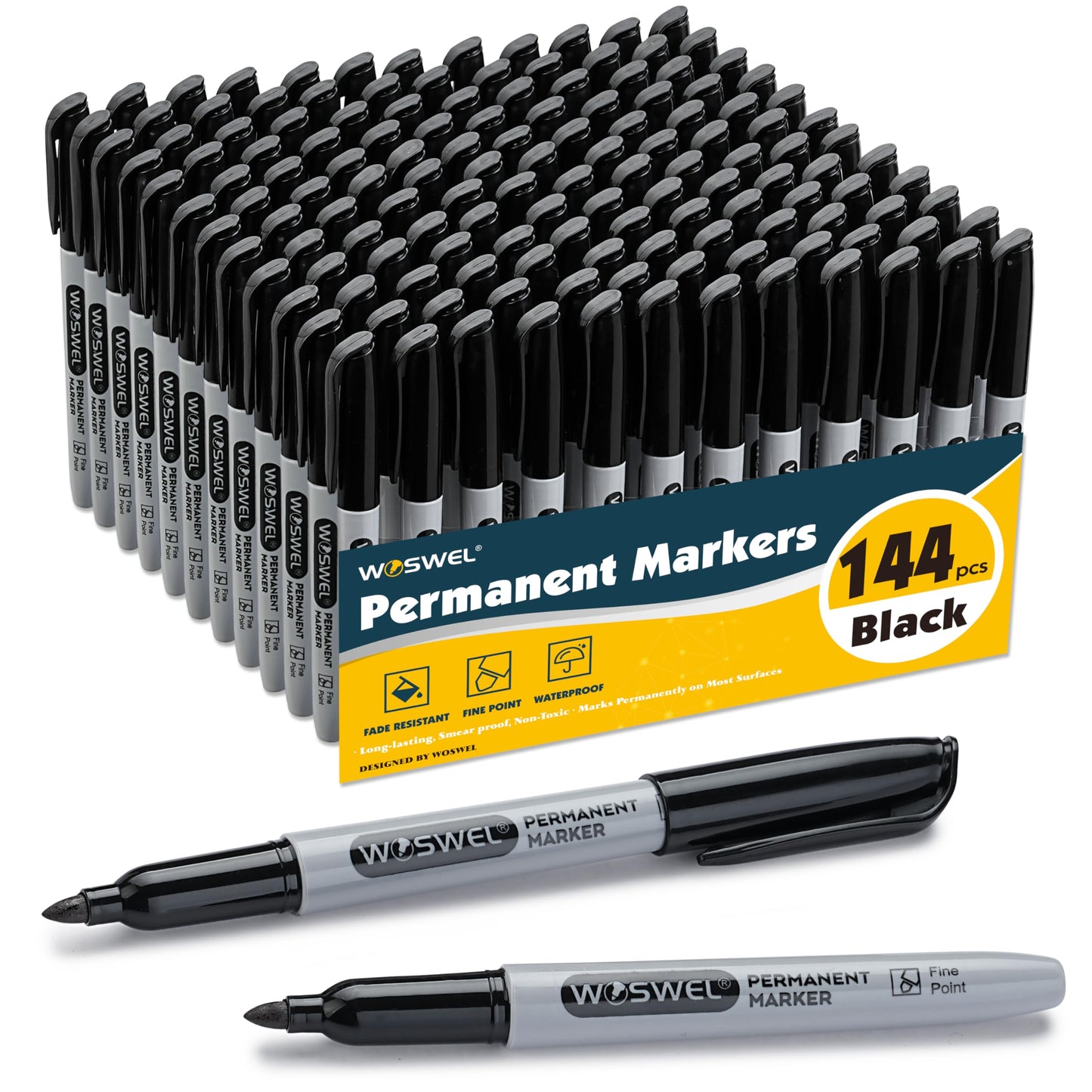 WOSWEL Permanent Markers Bulk, 144 Pack Fine Point Tip Black Permanent Marker Set, Waterproof Markers, Premium Smear Proof Pens, Quick Drying, Office Supplies for School, Office, Home