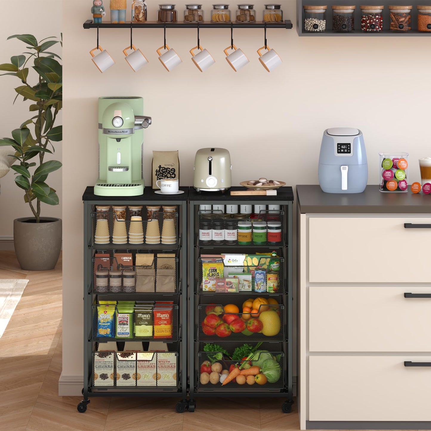 4-Tier Fruit Vegetable Storage Cart - Kitchen Organizer and Storage Cart with Wheels, Wooden Top Metal Wire Fruit Vegetable Rack Stand with Drawers to Storage Cans Snacks for Kitchen(Patent Pending)