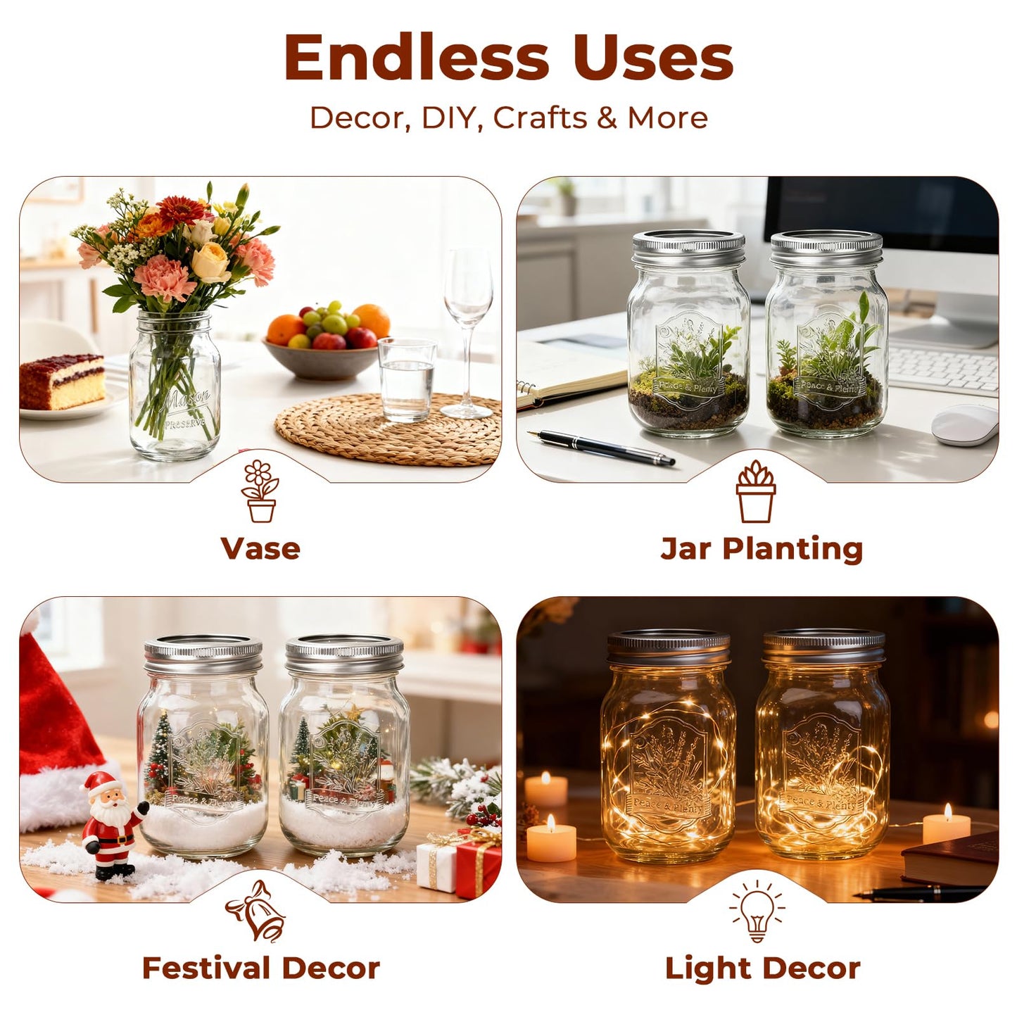 CycleMore 9 Pack 16 oz Mason Jars with Airtight Lids - Embossed Pint Glass Canning Jars for Pickling, Food Storage, Wedding Favors & DIY Crafts - Regular Mouth Design with Labels & Jute String