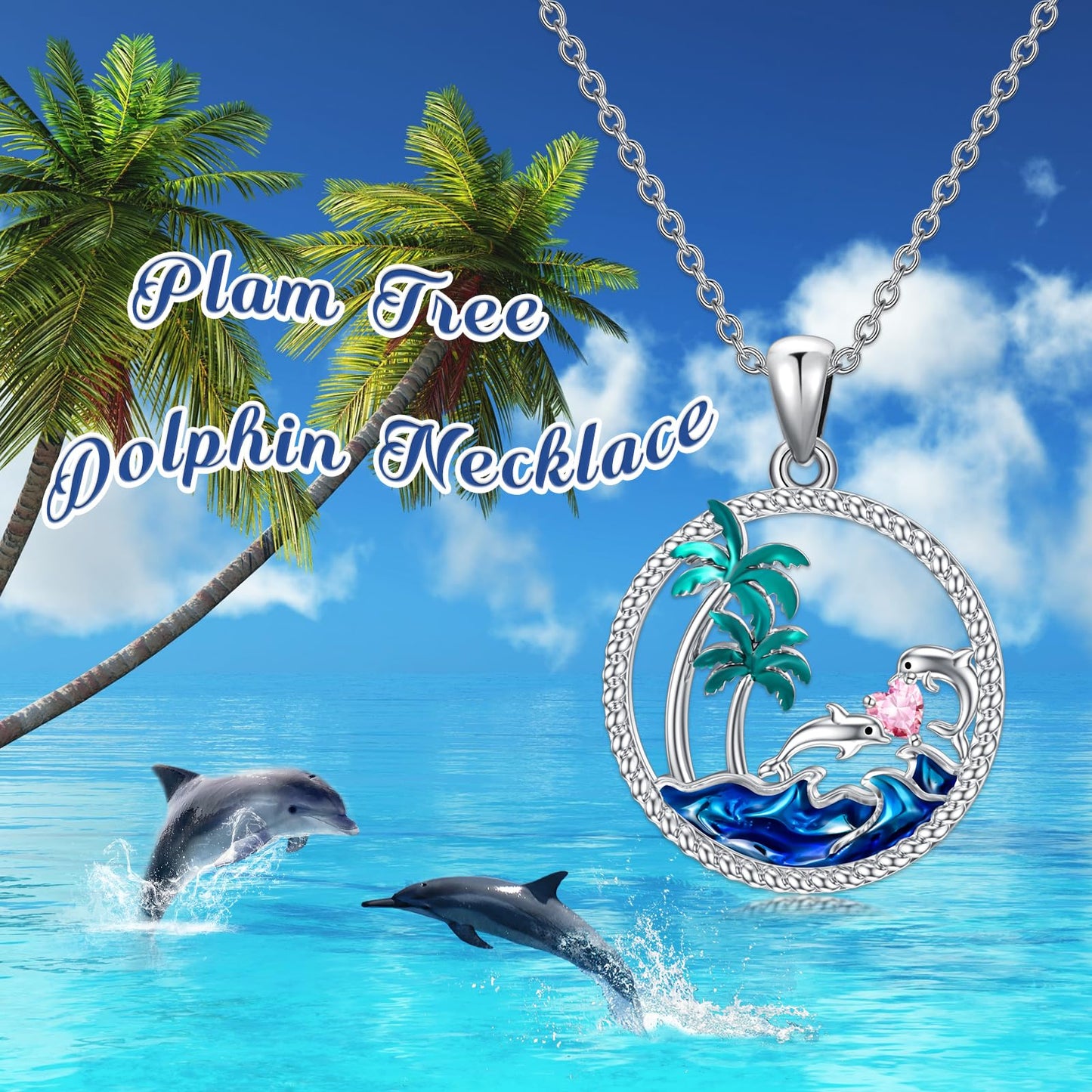 PROESS Dolphin Necklace Sterling Silver October Birthstone Necklace Palm Tree Beach Jewelry Ocean Animal Gifts for Women