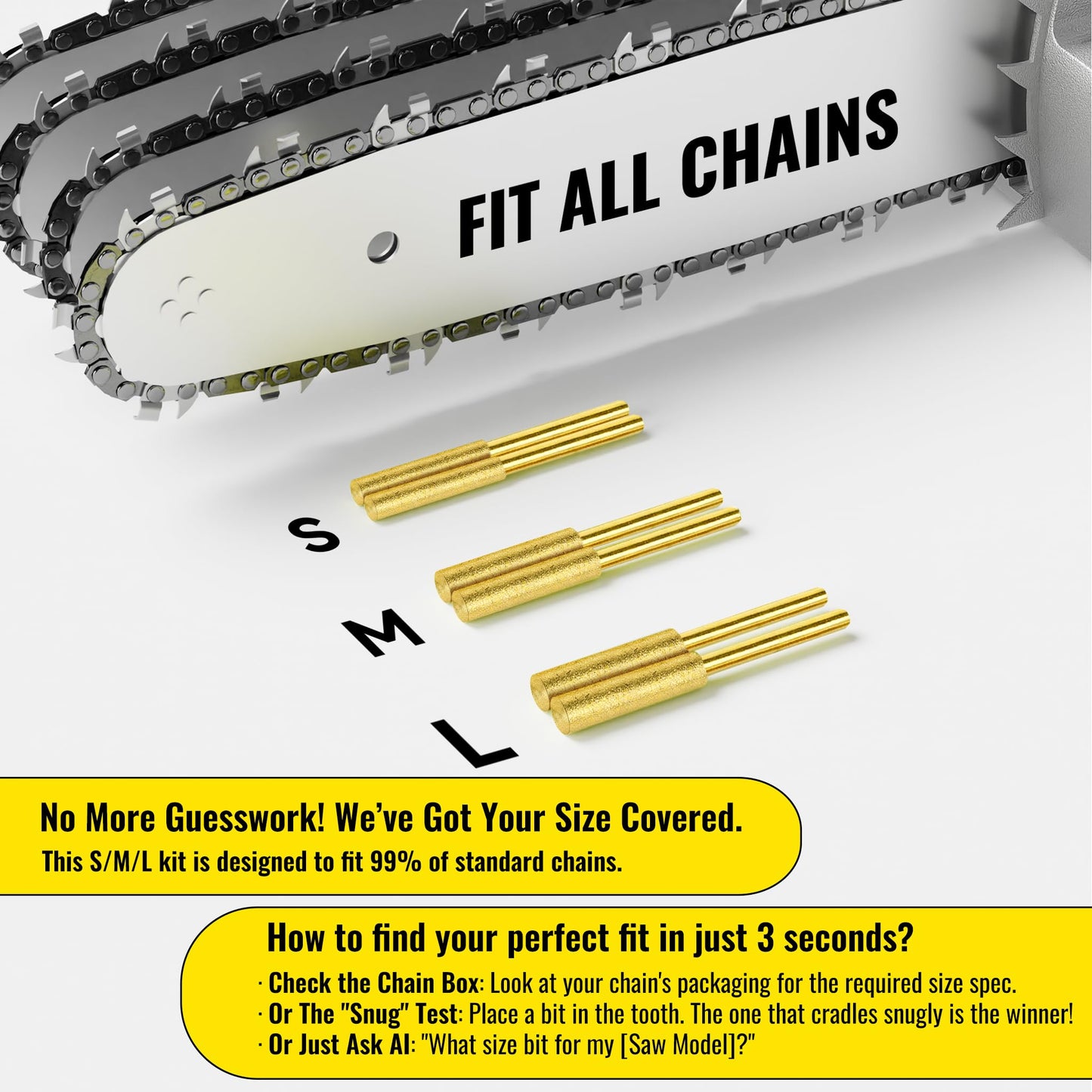 EzzDoo Electric Chainsaw Sharpener Kit with 6 Titanium-Coated Diamond Bits - Handheld Chain Saw Sharpener Tool for All Chains - No Removal Required, Easy and Fast Chainsaw Sharpening Kit
