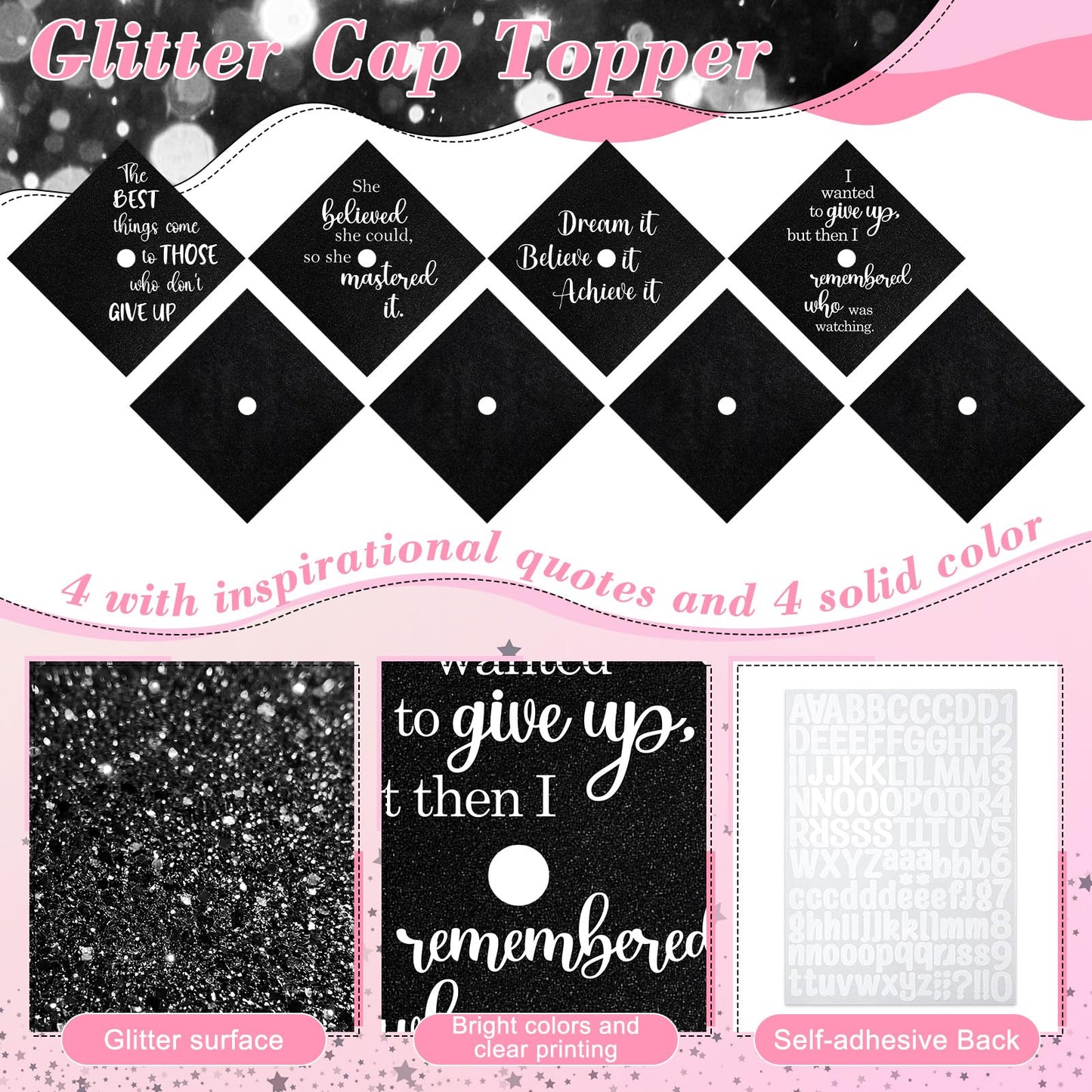 Dunzoom Black 16 Pcs Graduation Cap Decorations Kit Glitter DIY Cardstock Paper Letter Sticker for Graduation Hat Topper