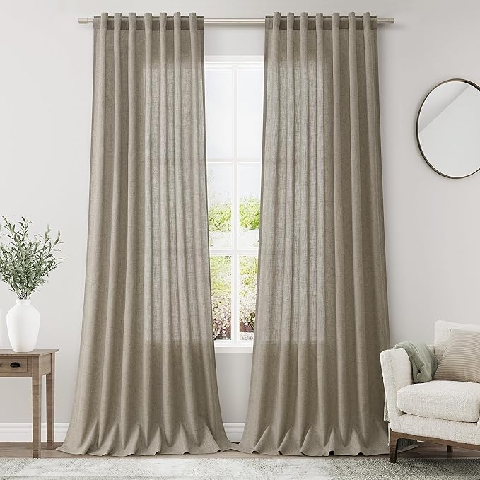 Mocha Linen Curtains 120 Inch Extra Long for Living Room Back Tab Light Filtering Semi Sheer Drapes Modern Farmhouse Boho Decor Cotton Textured Curtain for Floor to Ceiling High Window 52x120
