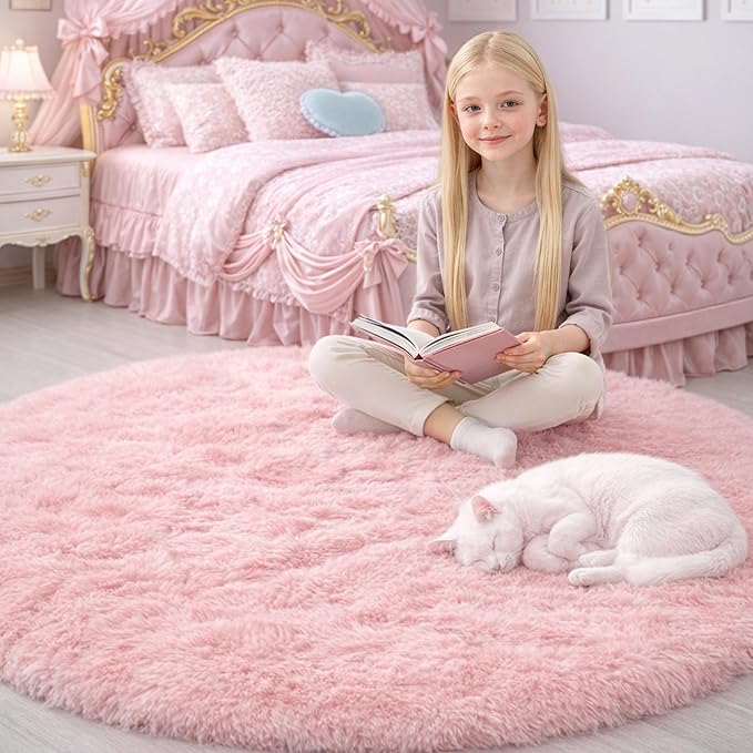 Amdrebio Light Pink Round Circle Rug 4Ft for Girls Bedroom, Fluffy Cute Area Rugs for Kids Room Decor Aesthetic, Kawaii Shag Fuzzy Fur Carpet for Nursery, Preppy Dorm, Classroom, Playroom, Teen, Baby