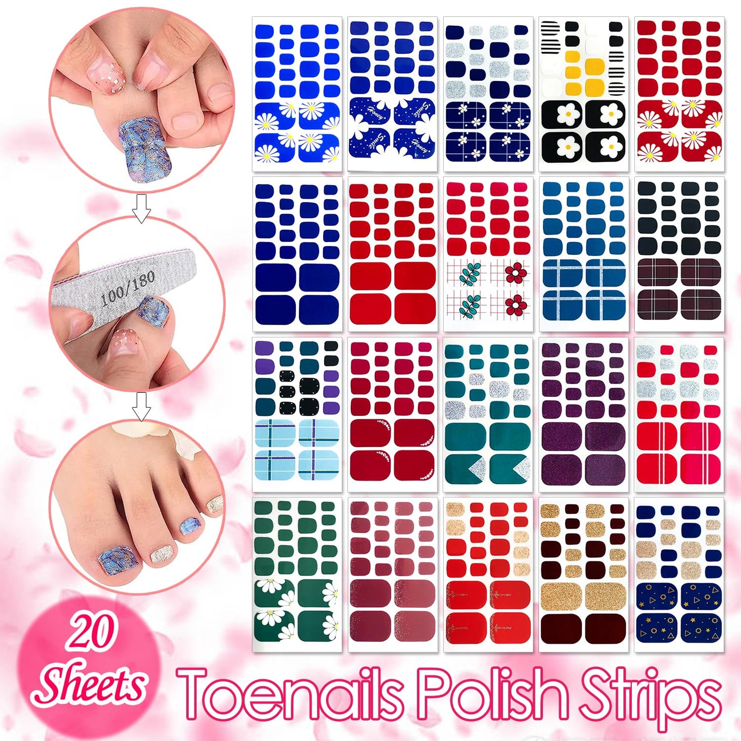 SILPECWEE 20 Sheets Toe Nail Polish Stickers Full Nail Wraps, Glitter Toenail Polish Strips for Women Self-Adhesive Toes Stickers Polish Gel Nail Strips with File