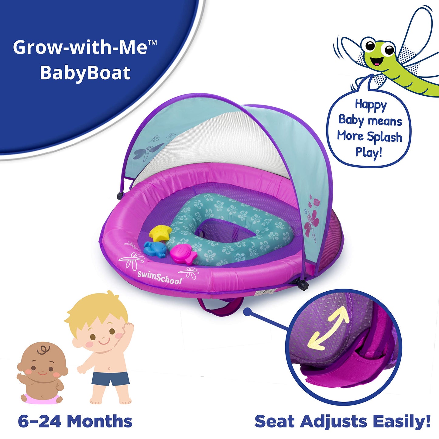 SwimSchool Deluxe Baby Pool Float with Adjustable Canopy - 6-24 Months - Baby Swim Float with Splash & Play Activity Center Safety Seat - Pink/Aqua