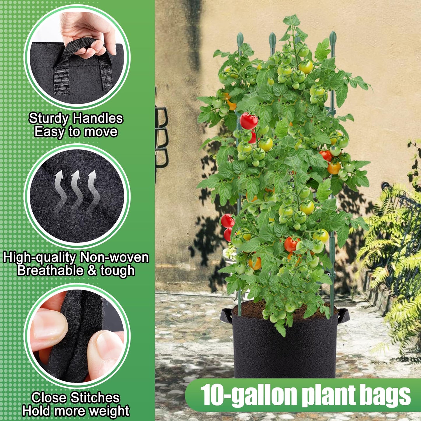 3 Sets Sturdy Tomato Cage with 10 Gal Grow Bags - 48.5" Plants Garden Trellis Planter Kit, Support for Indoor Outdoor Beans, Peppers, Cucumbers, Eggplants, Climbing Vegetable