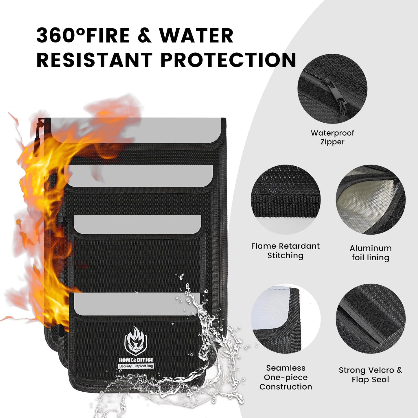 4 Pack Fireproof Document Bags, Waterproof Document Pouch Holder with Zipper, Fire Proof Money Bag for Cash, Fireproof Envelope Fire Safe Bag, Fire Resistant Storage for Legal/A4 Size (Black)