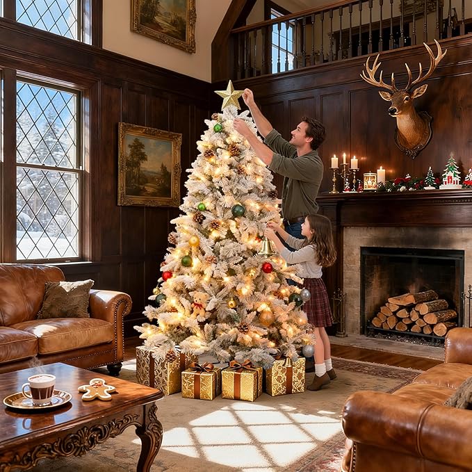 7Ft Warm Christmas Tree,Snow Flocked Artificial Hinged Holiday Christmas Pine Tree,Xmas Tree with 1400 Snow Flocked Branch Tips for Home,Office,Party Decoration