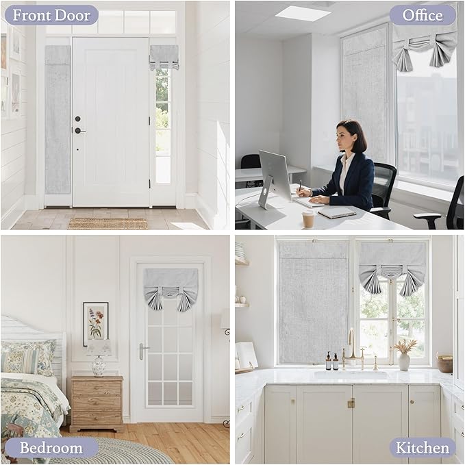 RYB HOME 100% Blackout Curtains for Small Window, Linen Textured Blend Insulating Privacy French Door Curtains Tie Up Shades for Kitchen Storage Cabinet Basement, W 34 x L 40, Light Grey, 1 Panel