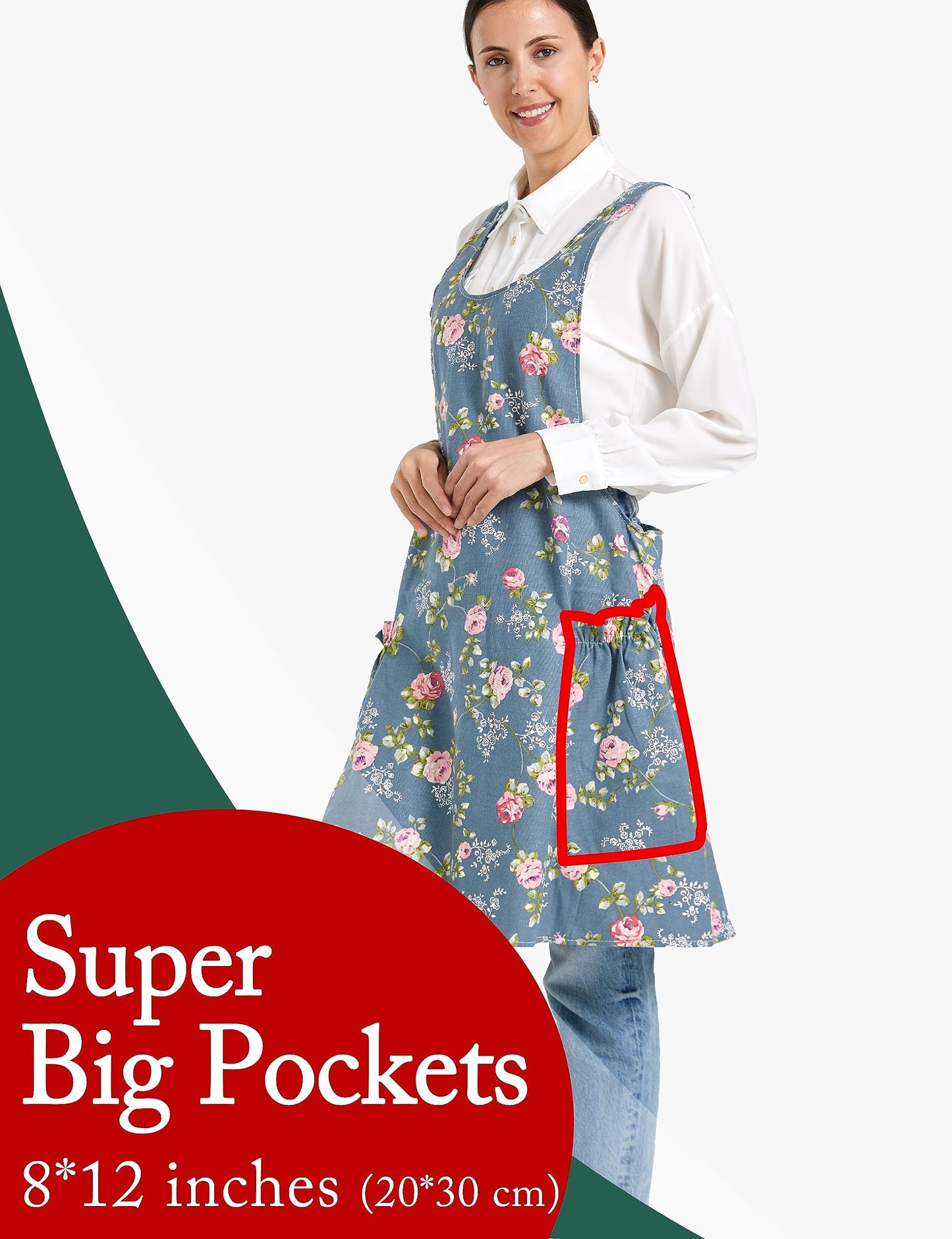 APRONNER Cozy Adjustable Cross Back Aprons for Women with Pockets Cotton Linen Cooking Kitchen Baking Rose Flower